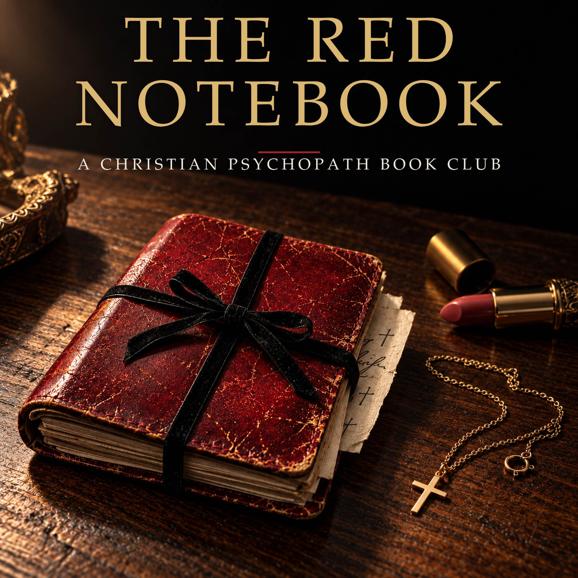 The Red Notebook book club cover with a ribbon-tied red notebook and gold cross.